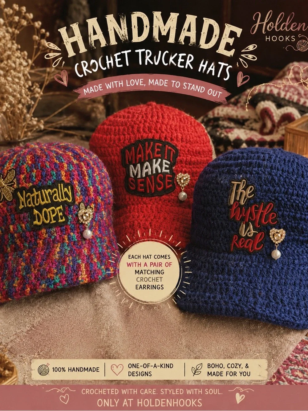 Handmade Crochet Trucker Hat - Multicolor, Red, Navy